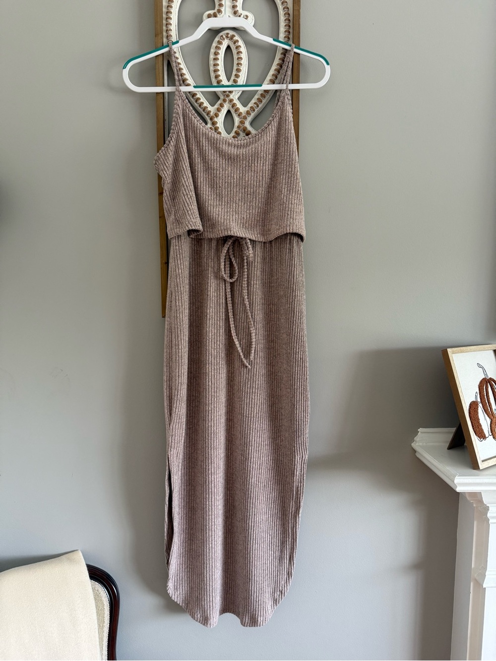 Ribbed Sleeveless Drawstring Maxi Dress in Taupe